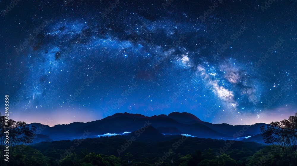 Naklejka premium Panorama blue night sky milky way and star on dark background