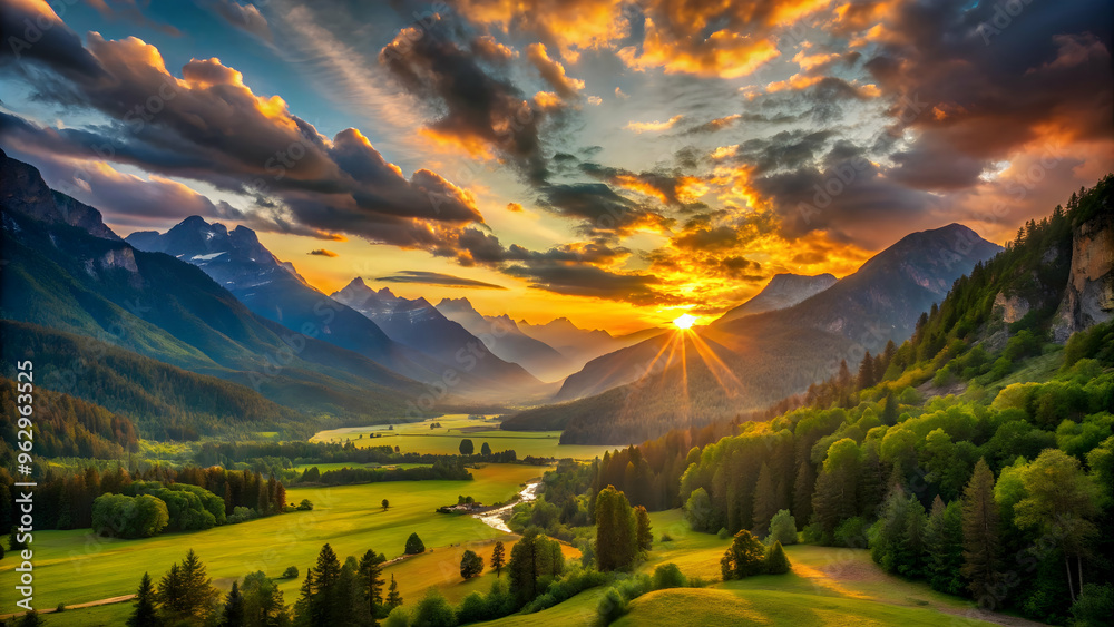 Fototapeta premium Scenic mountain landscape with vibrant sunset Lush green valley and rolling hills at sunrise Dramatic sky over a peaceful mountain village Beautiful natural landscape with a winding river Peaceful mou