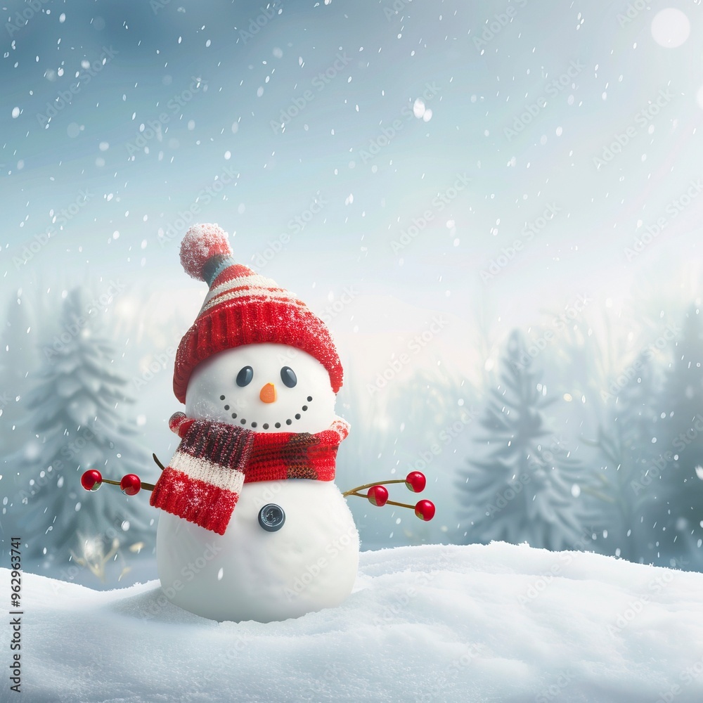 Panoramic view of happy snowman in winter secenery with copy space
Panoramic view of happy snowman in winter secenery with copy space