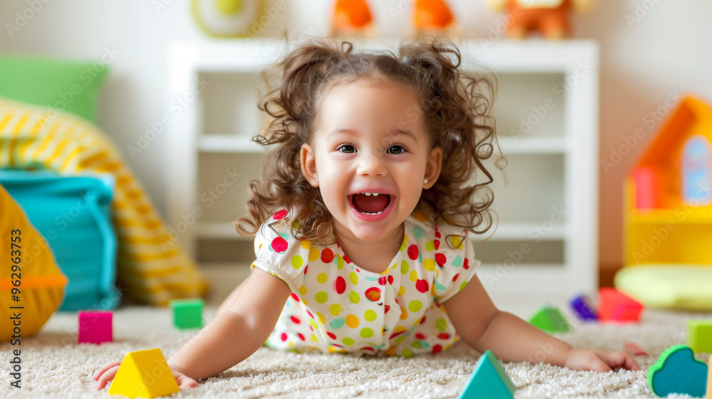 Overjoyed little girl toddler child playing on floor at home. Overjoyed little girl toddler child playing on floor at home.