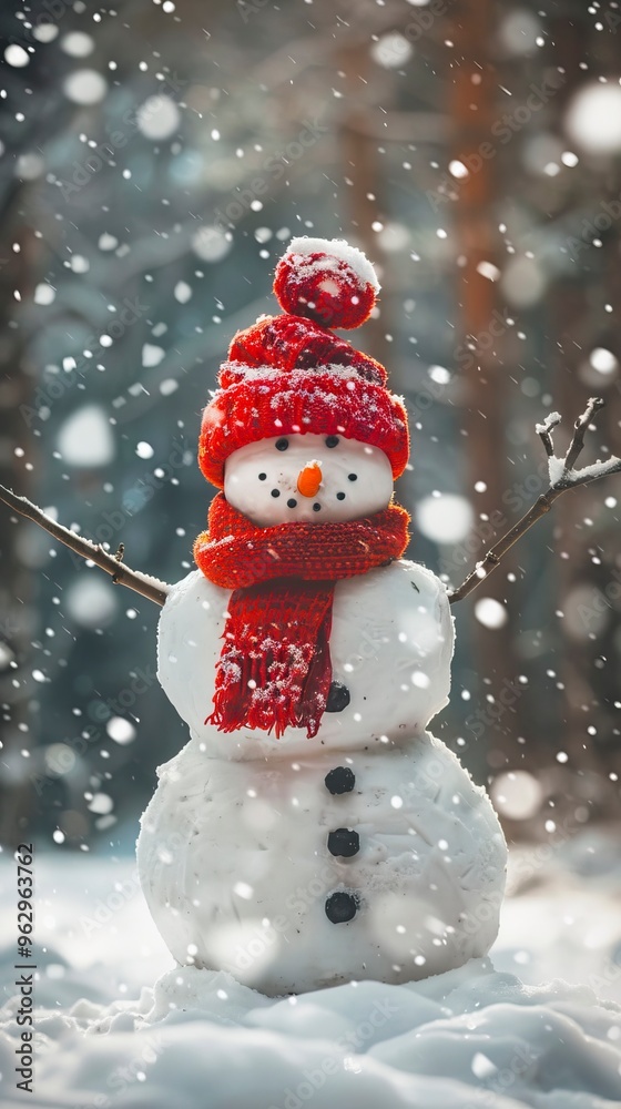 Panoramic view of happy snowman in winter secenery with copy space
Panoramic view of happy snowman in winter secenery with copy space
