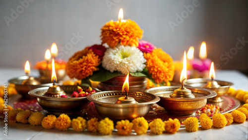 Elaborately decorated Indian festival altar with colorful offerings and lit diyas