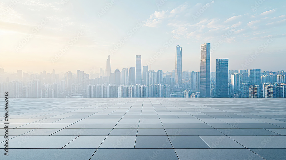Empty square floor with a city skyline background, white sky and sunlight Empty square floor with a city skyline background, white sky and sunlight