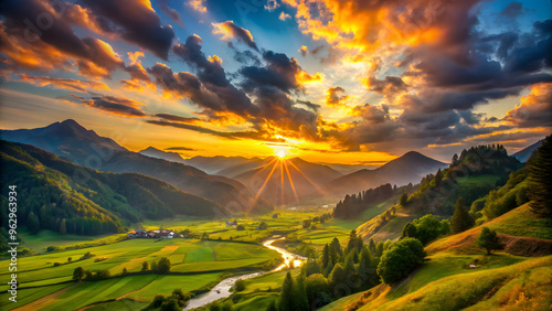 Scenic mountain landscape with vibrant sunset Lush green valley and rolling hills at sunrise Dramatic sky over a peaceful mountain village Beautiful natural landscape with a winding river Peaceful mou