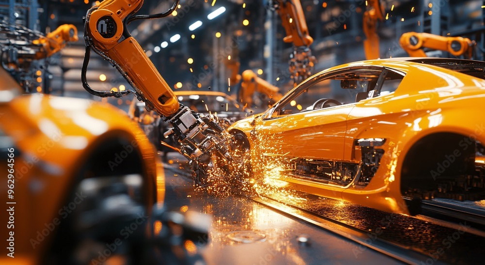 Robotic arms assembling a bright orange car in a modern automotive factory during the daytime showcasing advanced manufacturing techniques Robotic arms assembling a bright orange car in a modern automotive factory during the daytime showcasing advanced manufacturing techniques