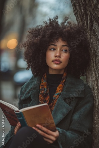 A young woman with natural curly hair, reading a book under a tree in an urban park