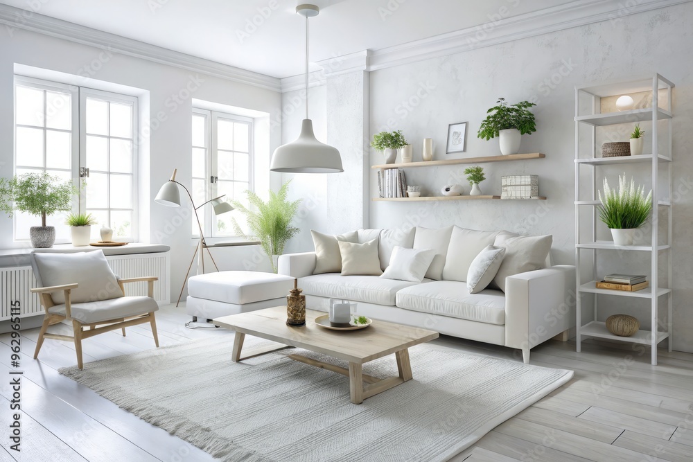 Fototapeta premium * A living room's minimalist charm is enhanced by washed-out white furnishings and decor, producing a clean and