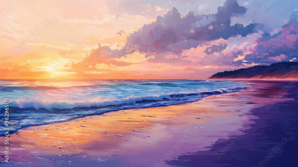 Fototapeta premium Breathtaking Sunset Over Serene Beach Landscape with Crashing Waves and Colorful Sky