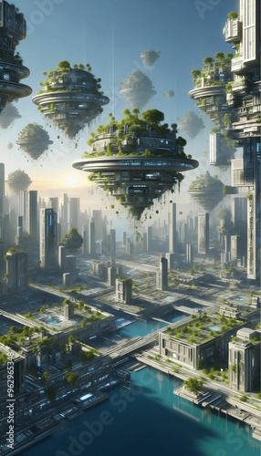 a futuristic cityscape with floating gardens photo