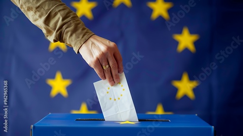 A hand with a wedding ring drops a ballot into a blue ballot box in front of the European Union flag. photo