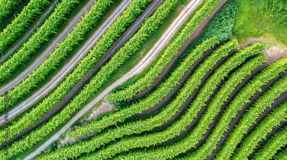 Aerial shot of a vineyard with neatly arranged rows of grapevines and earthy paths Aerial shot of a vineyard with neatly arranged rows of grapevines and earthy paths