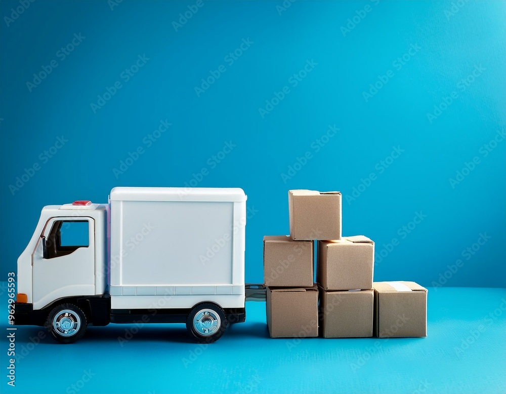 A white toy delivery truck with cardboard boxes on a blue background A white toy delivery truck with cardboard boxes on a blue background