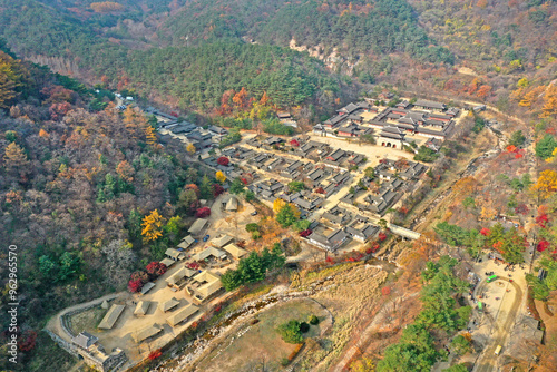 Mungyeong-si, Gyeongsangbuk-do, South Korea - November 07, 2020: Aerial view of autumnal Open Set of Mungyeongsaejae Pass