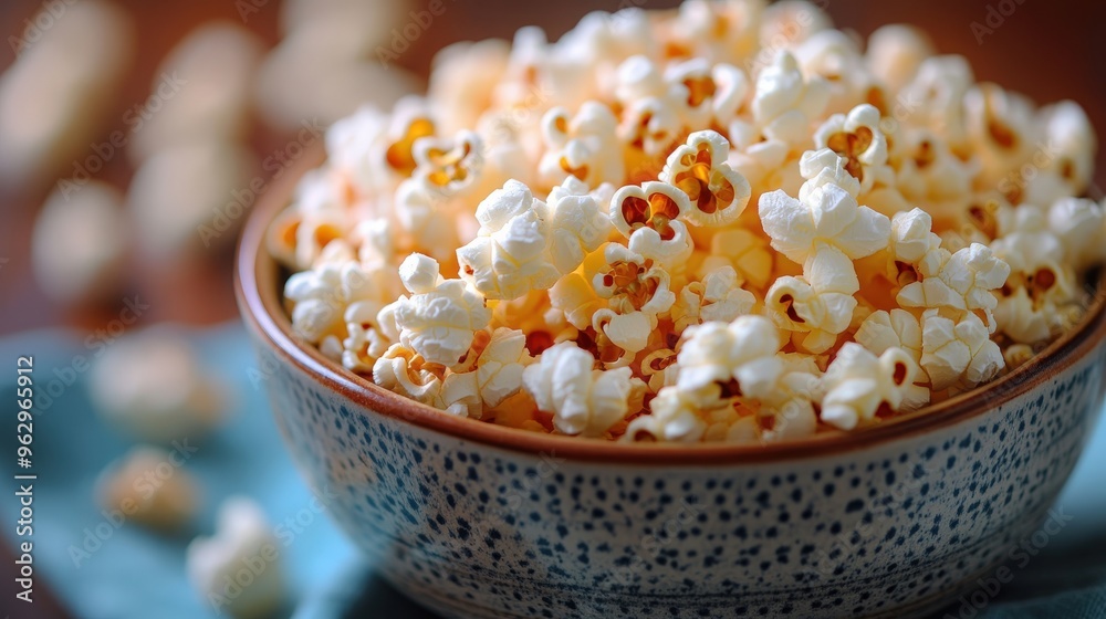 A close-up view of fresh popcorn beautifully arranged in a bowl, perfect for snacking A close-up view of fresh popcorn beautifully arranged in a bowl, perfect for snacking