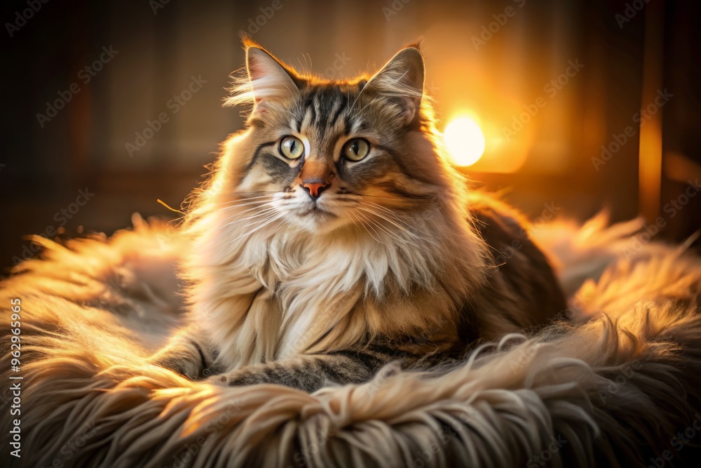 A majestic long-haired cat sprawls on a plush cushion, its soft, fluffy coat radiating warmth and tranquility in A majestic long-haired cat sprawls on a plush cushion, its soft, fluffy coat radiating warmth and tranquility in