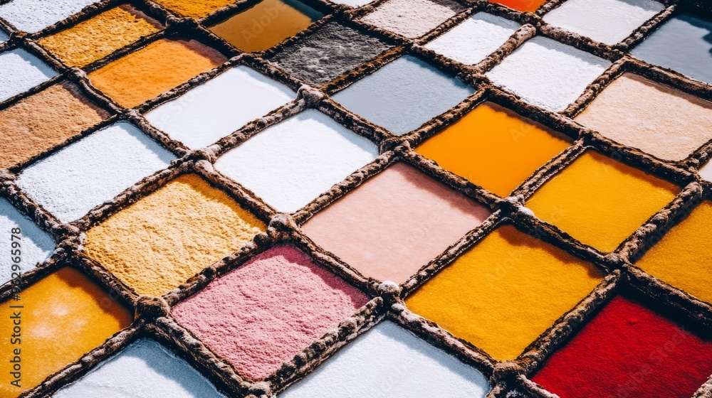Aerial shot of salt flats with varying shades of white, pink, and gray, forming natural patterns Aerial shot of salt flats with varying shades of white, pink, and gray, forming natural patterns