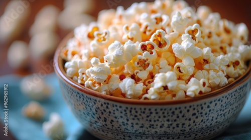 A close-up view of fresh popcorn beautifully arranged in a bowl, perfect for snacking