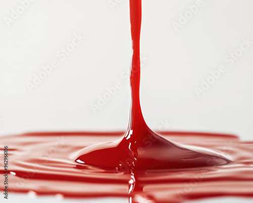 pouring red viscous liquid on white background