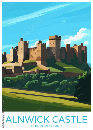 Alnwick Castle Northumberland Poster Illustration Travel Print Decor Gift Paper Canvas Wall Retro Art #962966188