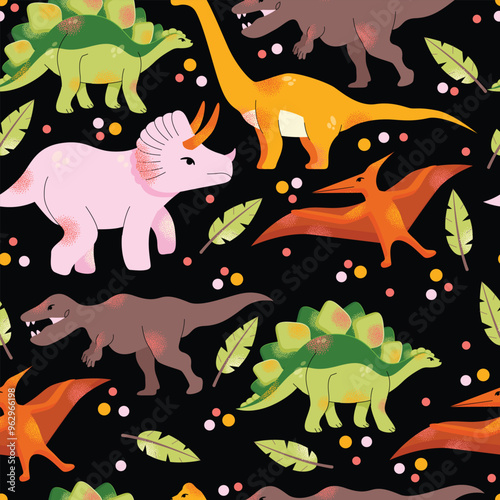 Dinosaur vector clipart seamless pattern. Children's collection with cute dinosaurs and various elements. Dino baby. Colorful cute illustration isolated on background