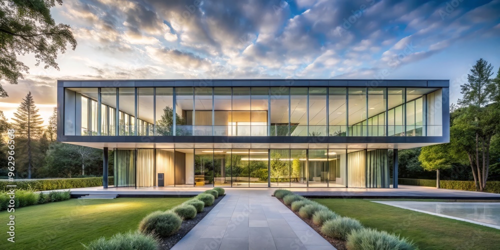 A minimalist exterior envelopes the building with a large glass façade, clean lines, and a muted color palette A minimalist exterior envelopes the building with a large glass façade, clean lines, and a muted color palette
