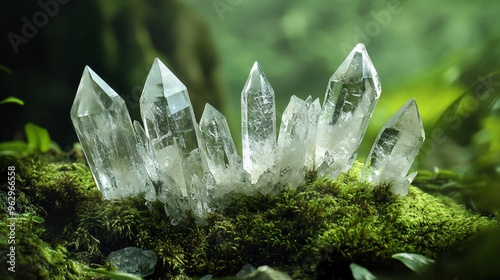 photo of a formation of rock crystals on moss