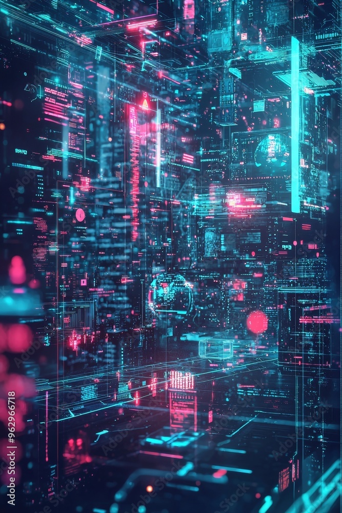 Obraz premium Futuristic Digital Cityscape with Neon Lights and Cyber Atmosphere