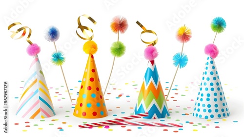 Party hats and horn blowers with color stripes and dots for birthday celebration 
