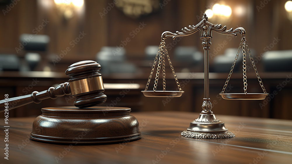 A gavel and scales of justice on the table in a courtroom A gavel and scales of justice on the table in a courtroom