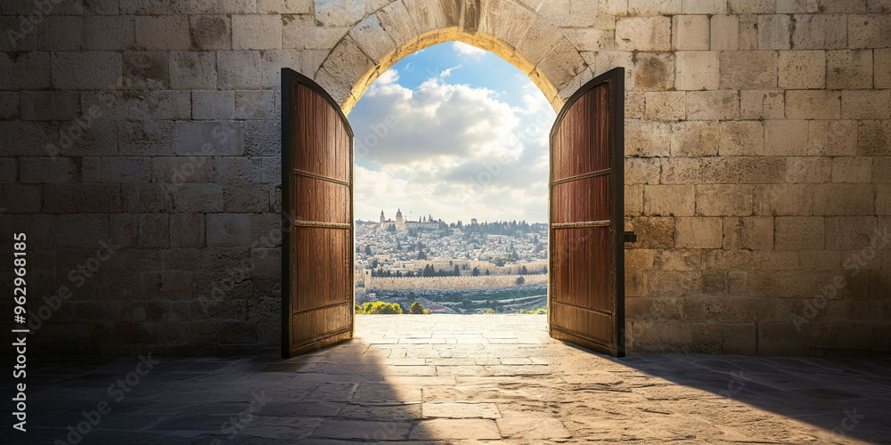 Fototapeta premium Ancient gate, arch entrance in brick wall with view of ancient city. Entrance to Jerusalem