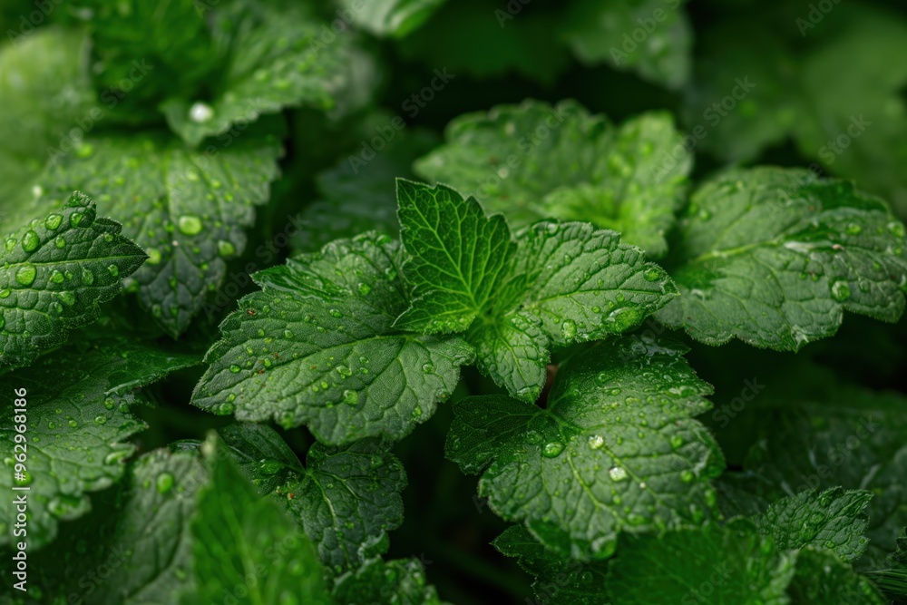 Mint leaves cluster close up. Fresh green epazote plant details. Water droplets on leaf surface glisten in sunlight. Blur background of mint garden or plant. Mint leaves cluster close up. Fresh green epazote plant details. Water droplets on leaf surface glisten in sunlight. Blur background of mint garden or plant.