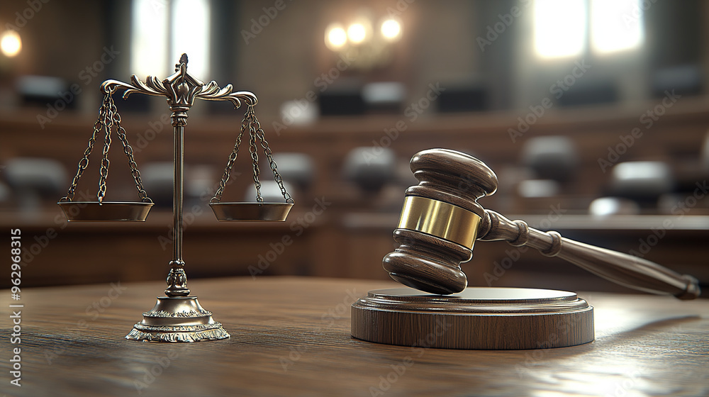 A gavel and scales of justice on the table in a courtroom A gavel and scales of justice on the table in a courtroom