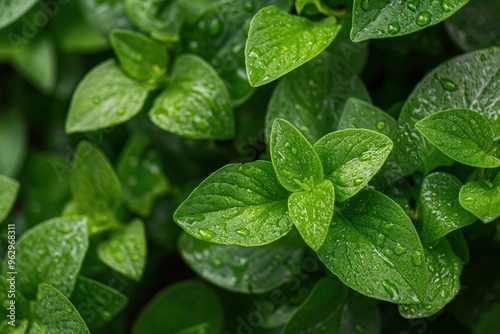 Fresh green Epazote plant with curled leaves covered in water droplets. Close-up view of herb garden foliage after rainfall or watering. Blurred background focuses on plant details.