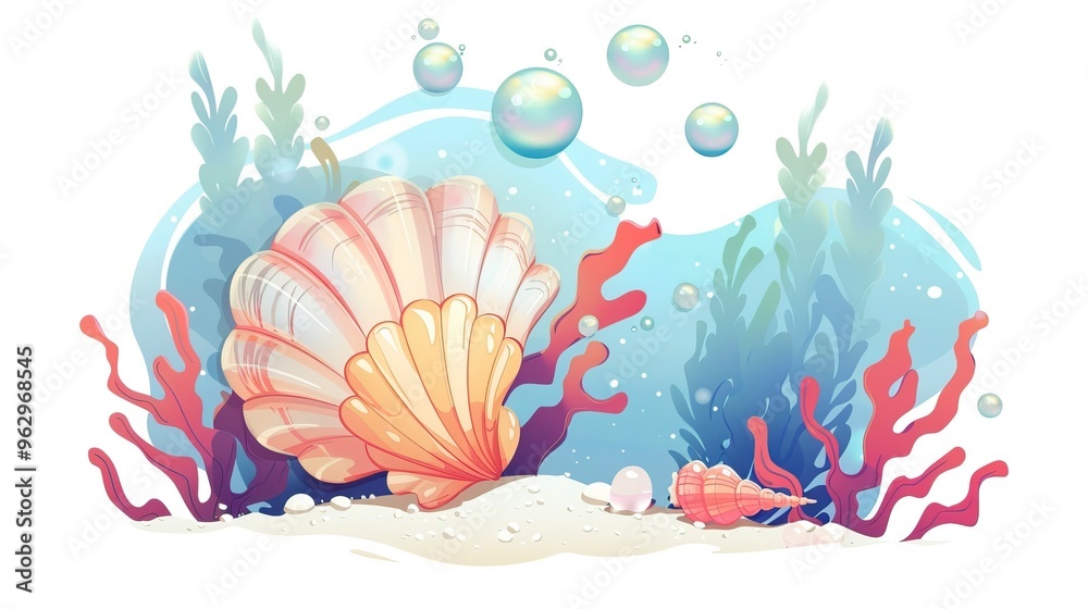 Pearl Shell And Seaweed In Ocean Cartoon Vector Icon Illustration Pearl Shell And Seaweed In Ocean Cartoon Vector Icon Illustration