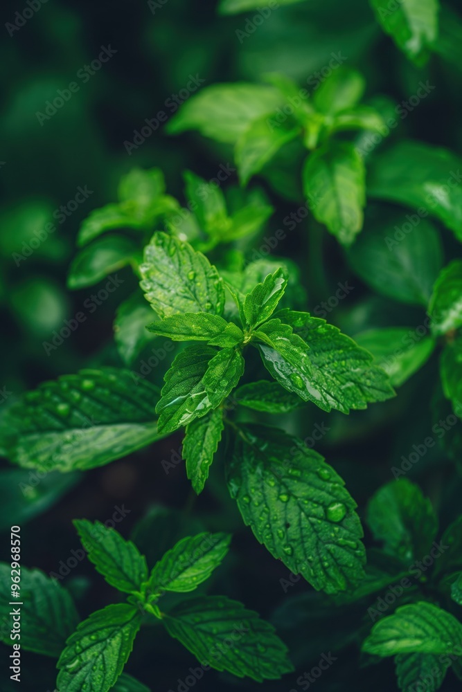 Mint leaves cluster close-up. Fresh green Epazote plant details. Water droplets glisten on leaf surface. Lush garden or forest background blurred. Nature intricate patterns and textures emphasized. Mint leaves cluster close-up. Fresh green Epazote plant details. Water droplets glisten on leaf surface. Lush garden or forest background blurred. Nature intricate patterns and textures emphasized.