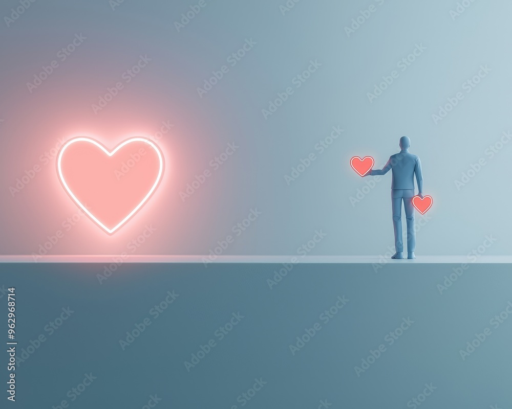 A businessman stands before a glowing neon heart, holding two smaller hearts in his hands. The image represents love, passion, and the pursuit of happiness. A businessman stands before a glowing neon heart, holding two smaller hearts in his hands. The image represents love, passion, and the pursuit of happiness.