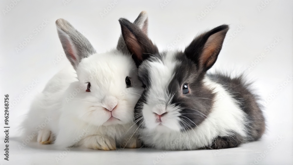 A pair of adorable black and white bunnies sprawl together, their fluffy fur gleaming against a brilliant white A pair of adorable black and white bunnies sprawl together, their fluffy fur gleaming against a brilliant white