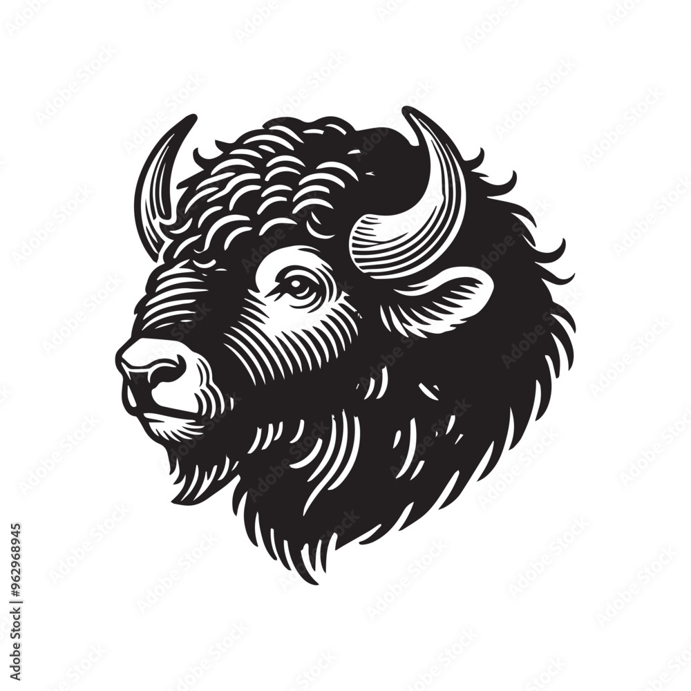 Obraz premium Bison Head Vector Art – Elegant Bison Black and White Clipart