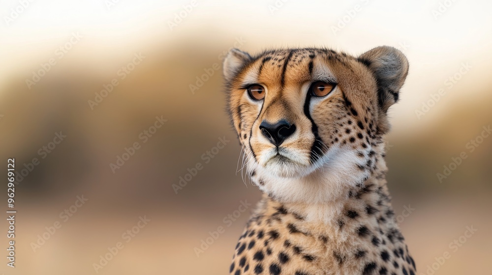 A cheetah looks directly at the camera with a serious expression. The background is blurred and a warm brown color. A cheetah looks directly at the camera with a serious expression. The background is blurred and a warm brown color.