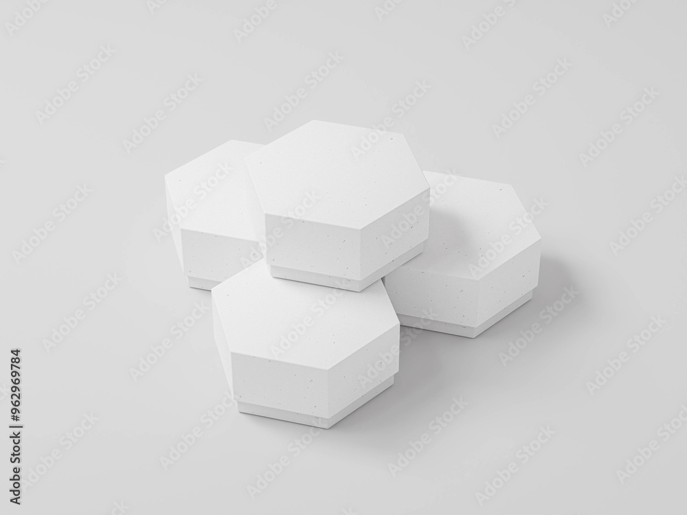 Set of hexagon gift box, blank hexagon container mockup display on white background, close lid hexagon shape storage box mockup, empty labeled hexagon packaging design mockup, product design image Set of hexagon gift box, blank hexagon container mockup display on white background, close lid hexagon shape storage box mockup, empty labeled hexagon packaging design mockup, product design image