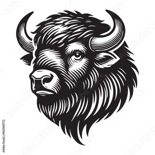 Bison Head Logo Clipart - bison Face Vector Illustration in black and white
