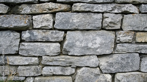 Close-up of a stone wall made from irregularly shaped rocks with mortar joints