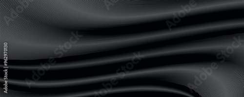 Black abstract background design. Modern wavy line pattern (guilloche curves) in monochrome colors. Premium stripe texture for banner, business backdrop. Dark horizontal vector template