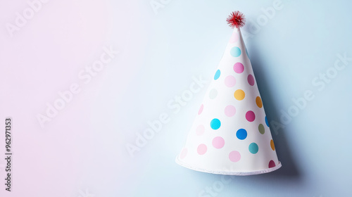 Birthday party hat on pastel blue background with confetti, copy space. Cute invitation mockup. Generative AI