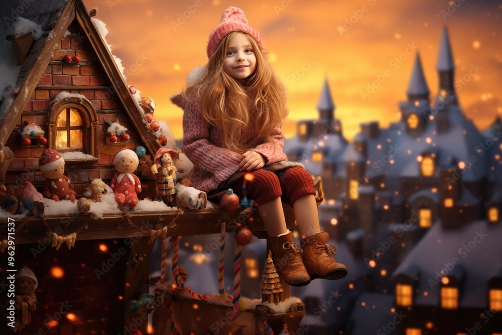 Fototapeta premium Girl in cozy pink outfit sits on rooftop at sunset surrounded by festive decorations and snow