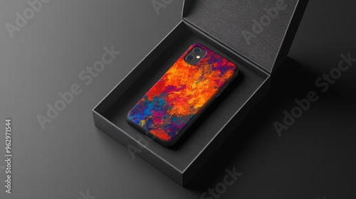 Custom-printed smartphone case with a personalized design, resting in a stylish gift box. The case stands out with vibrant colors and sleek edges.