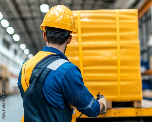 A warehouse worker in a yellow hardhat and vest pushes a pallet of goods. photo