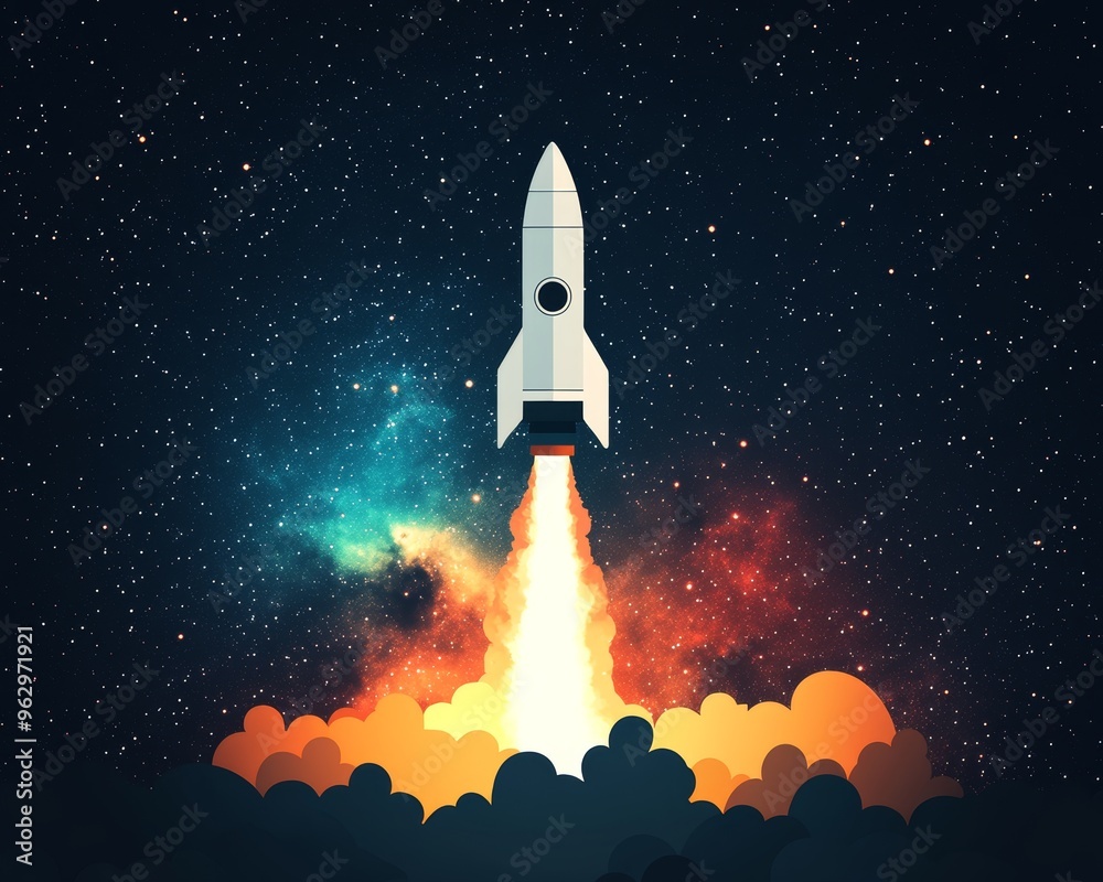 A white rocket blasts off into a starry night sky, with a vibrant nebula in the background. A white rocket blasts off into a starry night sky, with a vibrant nebula in the background.