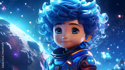 3D Cartoon Character with Bright Blue Hair in Futuristic Neon Space Suit on Glowing Alien Planet