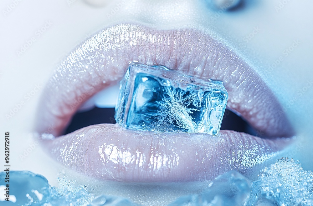Fototapeta premium Close-up of a woman’s lips with a piece of ice held between them, showcasing vibrant colors and glossy texture in artistic lighting